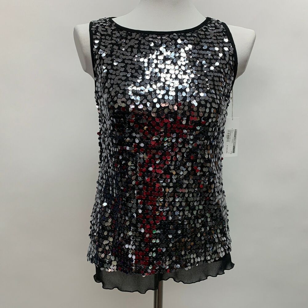 Papillon Blanc Women's Tank‎ Top Small Black Silver Sequins Sleeveless NWT